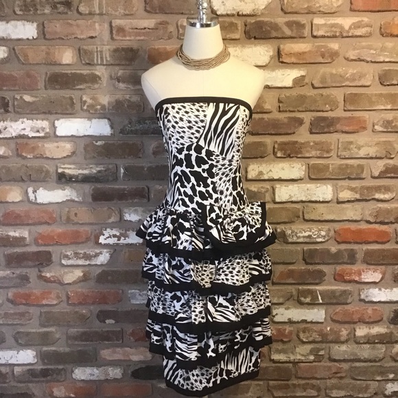 ROBBIE BEE LORD & TAYLOR Vintage Strapless Animal Print Bow Ruffle Tiered Dress - Picture 1 of 8